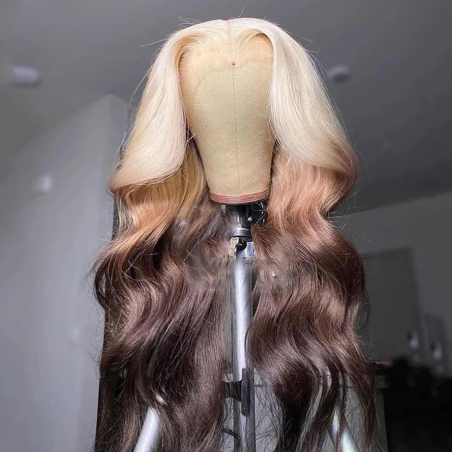 Highlight Wig Ombre Blonde Human Hair Wigs For Women Body Wave Brazilian Hair Middle Part Lace Frontal Brown Colored Baihong