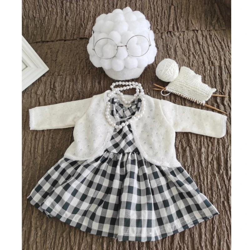 

New 3-5Months Baby Photo Shooting Clothes Outfit False Hair Pearl Bead Necklace Dress Sweater Crochet Tool Set