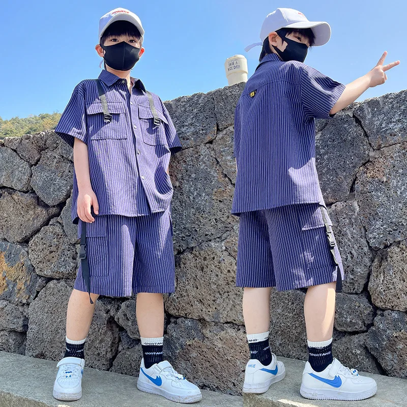 

Children Summer Striped Short Sleeve Shirt + Loose Sport Five Point Pants 2pcs Set Kids Boys Fashion Casual Suit 10 11 12 13 14y