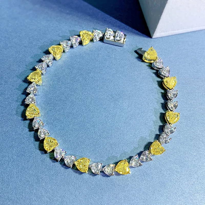 

Real 925 Sterling Silver Heart Yellow Sapphire White Sapphire Gemstone Women Bracelets Bangle Fine Jewelry Wholesale