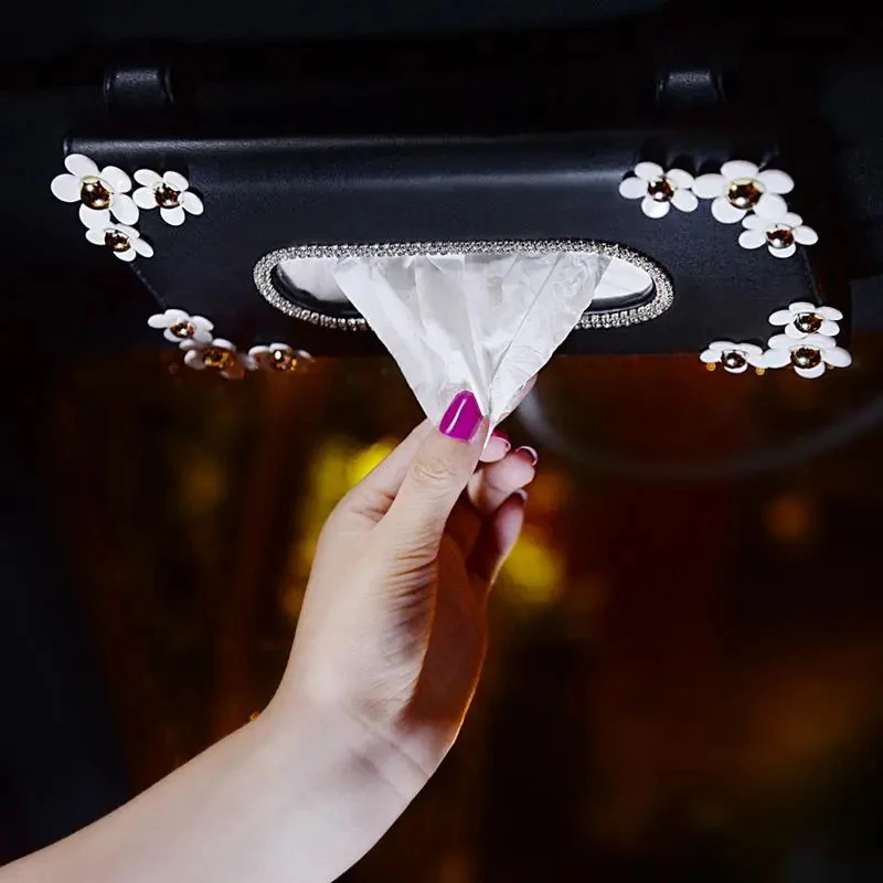 

Car Sun Visor Hanging Tissue Box Diamond-encrusted Daisy Creative Women's Car Tissue Box Tissue Cover Mask Storage Box