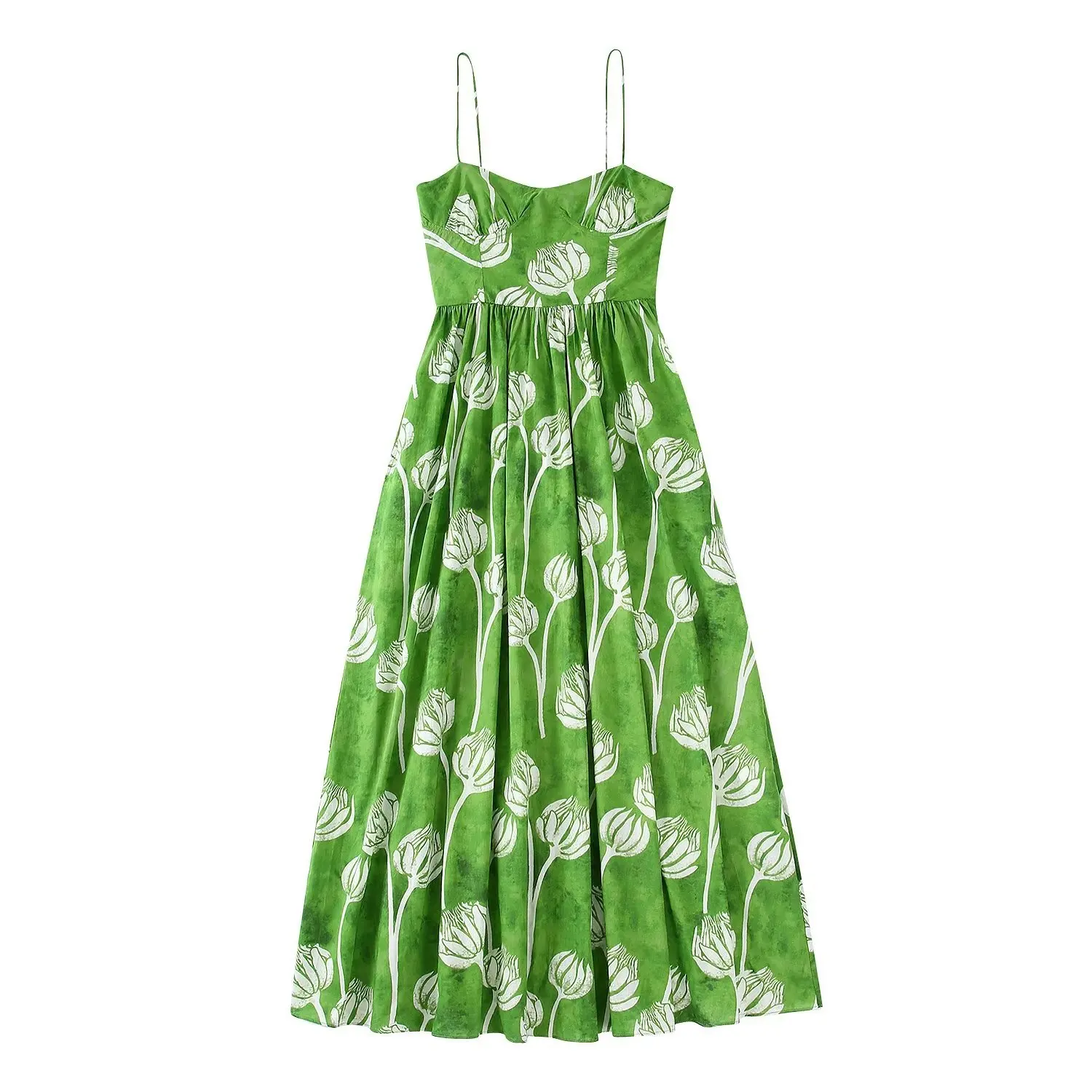 

C Women 2023 New Halter Neck Green Flowers Print Long Dress Vintage Backless Zipper Straps Dresses