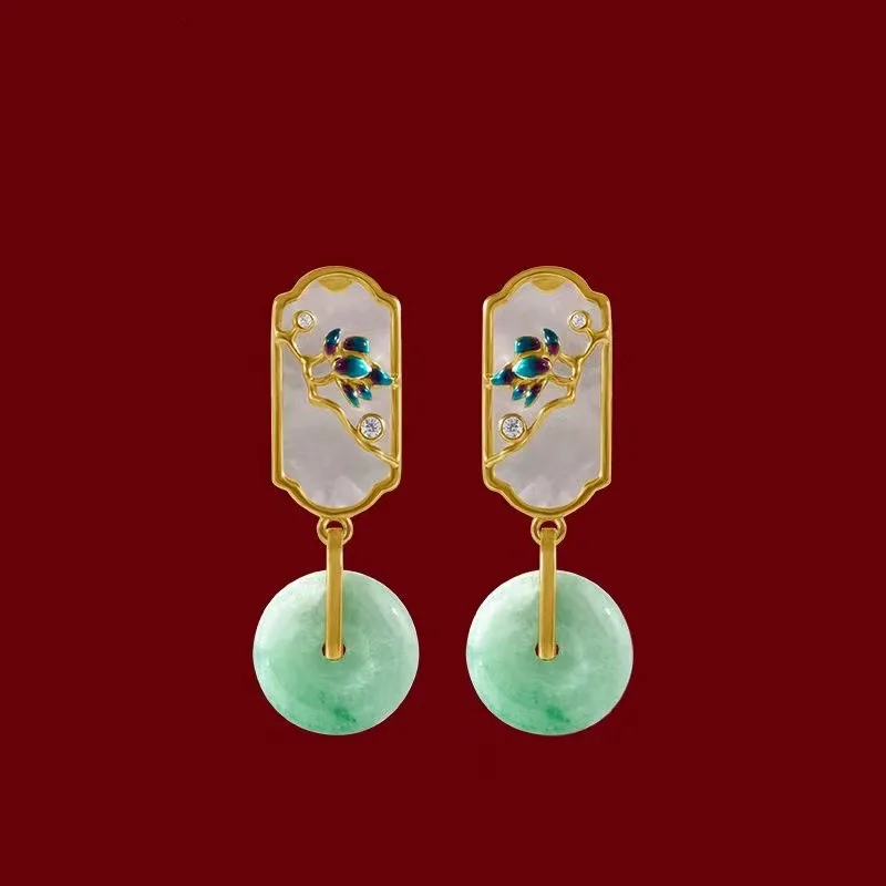 

Vintage Jadeite Jade Earrings for Women Fashion Ping Buckle Enamel Cloisonne FiligreeParty Cheongsam Hanfu Accessories Jewelry