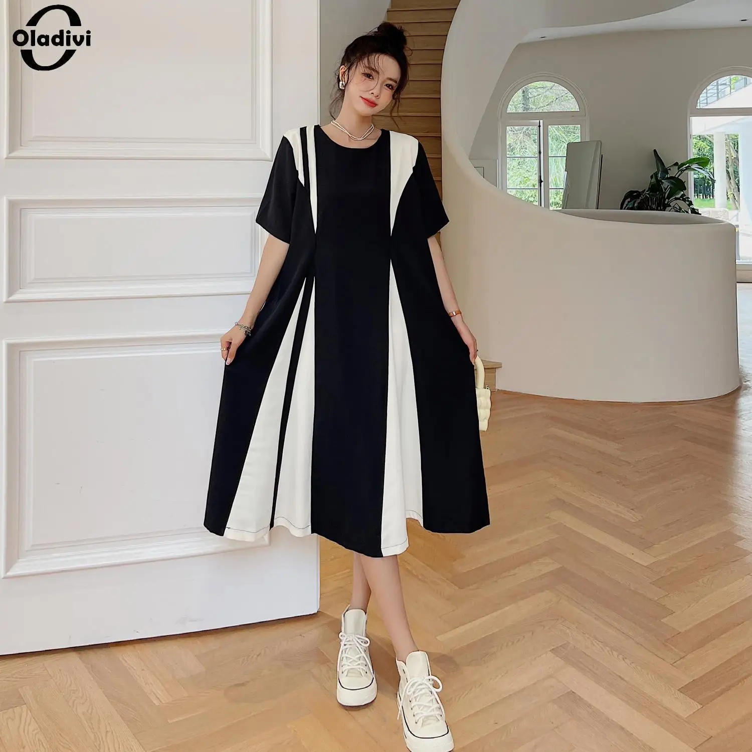 

Oladivi Large Size Women Casual Loose A-Line Patchwork Midi Dress 2023 Summer New Oversized Dresses Female Tunic Robe 4XL 80202
