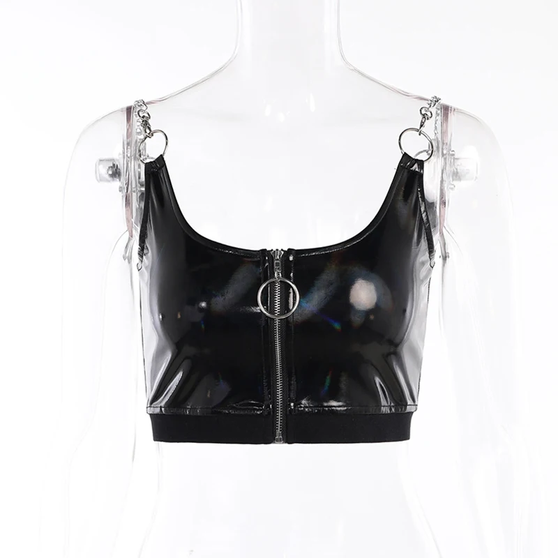 Женский топ на молнии из ПУ кожи с цепочкой и открытой спиной |