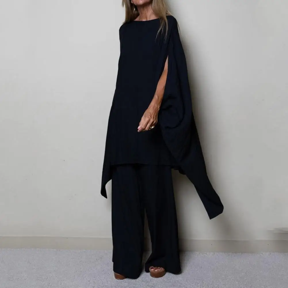 

2Pcs/Set T-shirt Trousers Set Irregular Hem Top Pants Set Mid-length Top Pants Lady Pure Color Outfit