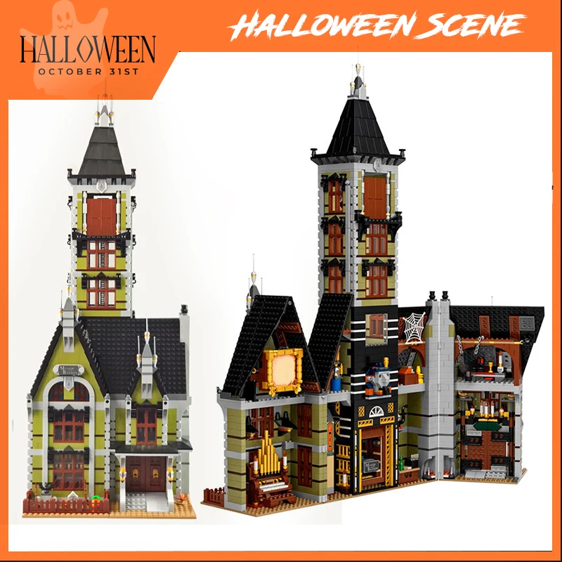 

MOC Halloween Architecture Haunted House Ghost Building Block Jumping Machine City Castle Pumpkin Trick or Treat Kids Toys Gift