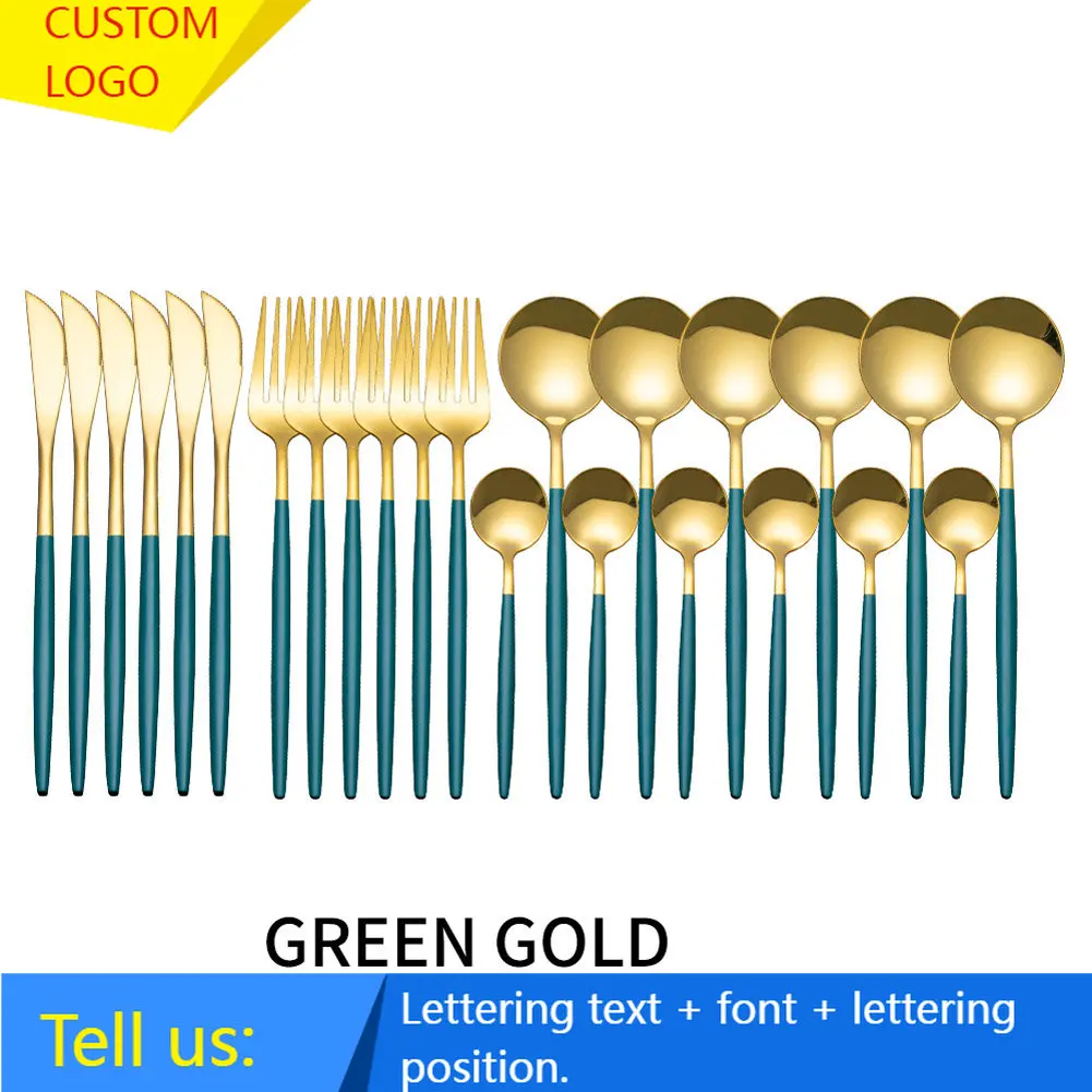

Custom Logo Engraved Name 24pcs Gold Dinnerware Set Western Knife Cake Fork Spoon Flatware Cutlery Set Mirror Stainless