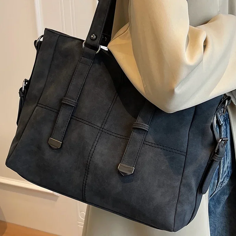 

Ladies Nubuck Leather Handbag Retro Suede Women's Quilted Large Tote Shoulder Bag Female Black Vintage Commuter Crossbody Bags