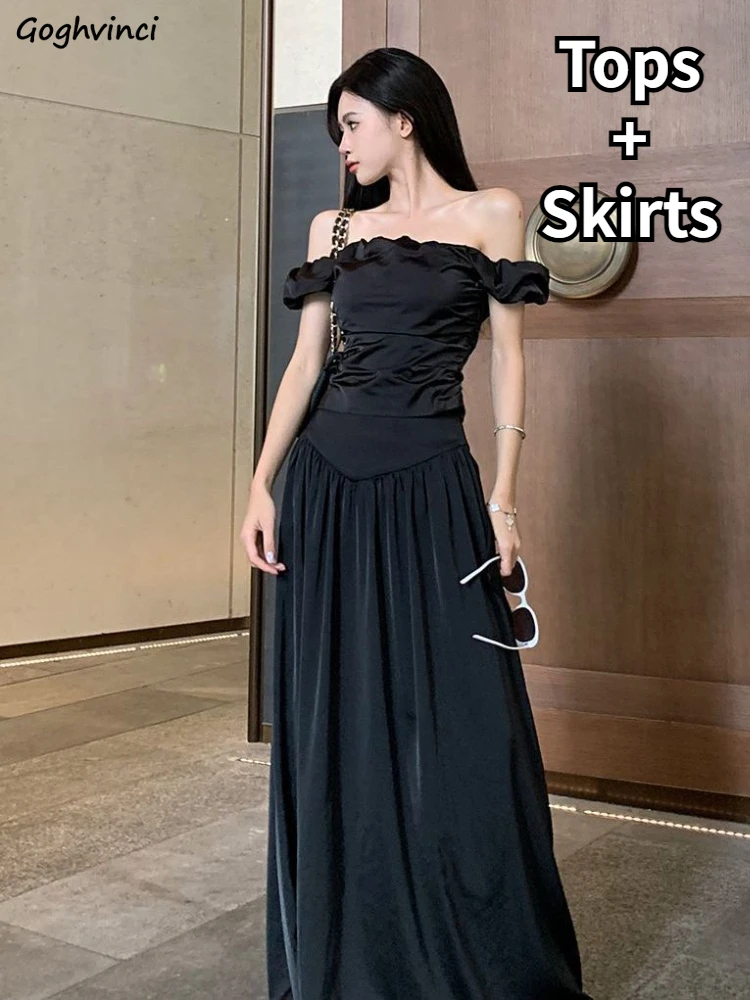 

Black Two Pieces Sets Women Slash Neck Sexy Folds Tops Simple High Waist French Style Maxi Skirts Graceful Trendy Ladies Summer