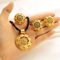 ethiopia gold plated dubai jewelry women african party wedding gifts necklace and earrings ring sets 50cm pendant