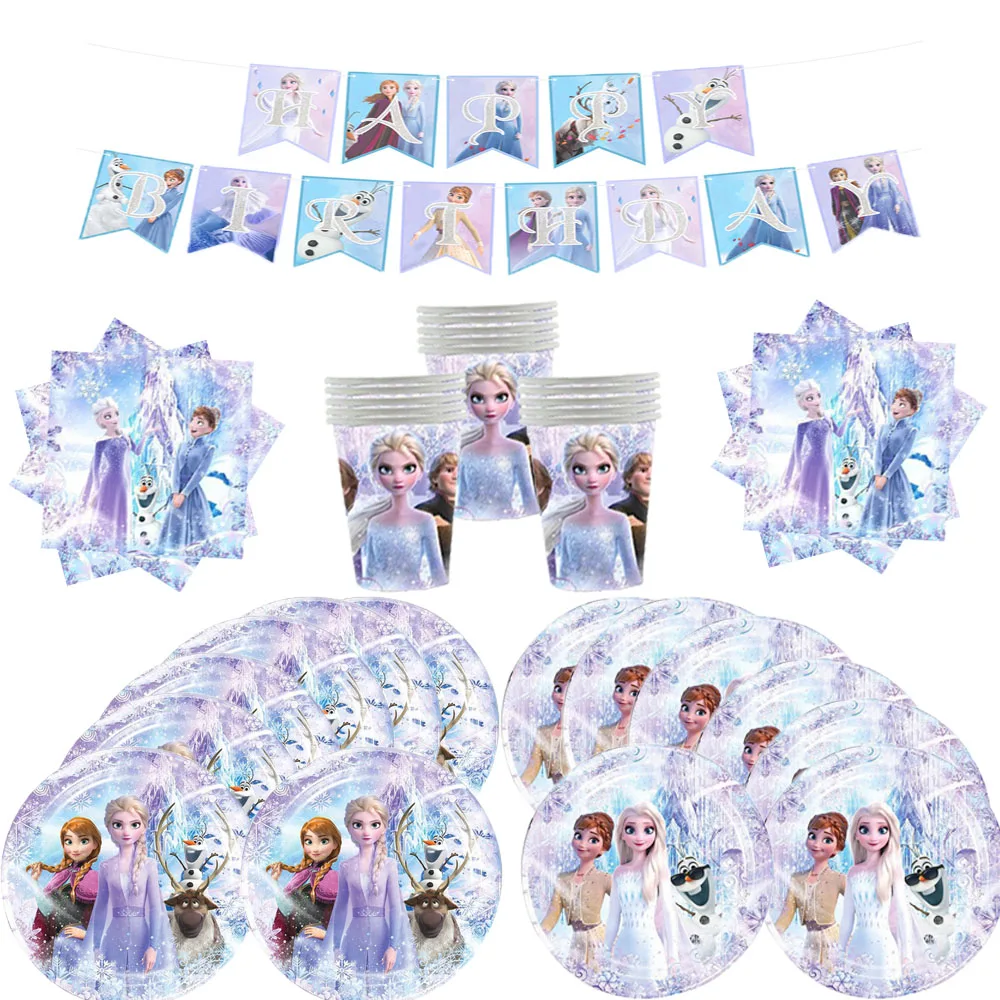 

New Frozen 2 Theme Elsa Anna Birthday Party Decorations Disposable Tableware Snow Queen Paper Cup Plate Party Supplies Balloons