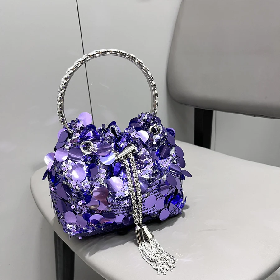 

Luxury Diamond Tassel Women's Bag Tote Metal Handle Bucket Bags Single Shoulder Glitter Sequin Bag Party Dinner Crystal Clutch