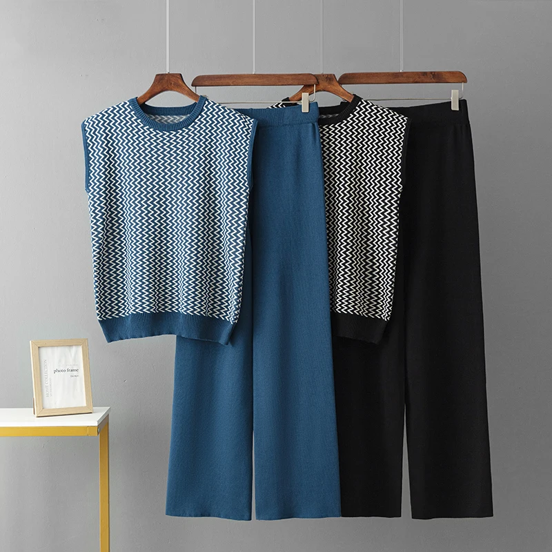 Женский Летний Жаккардовый Трикотажный Комплект Из 2 Предметов Свободный Топ Без