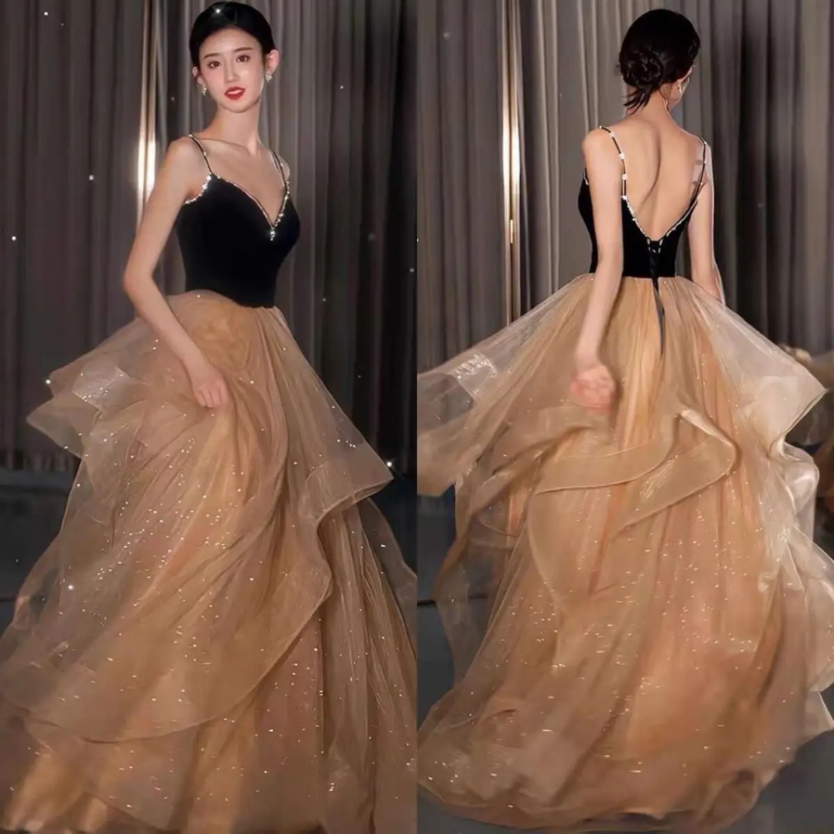 

Gold Black A-Line Spaghetti Strap Prom Dress V Neck Sparkly Sequined Crystal Ruffles Pleat Long Woman Luxury Party Evening Gowns