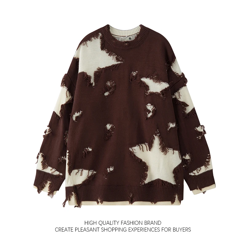 Свитер со звездами и отверстиями американский нишевый пуловер с необработанными