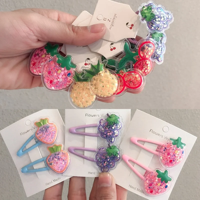 

2PCS Fruit Quicksand BB Clips Kids Hairpins Children Headwear Baby Clips Headdress Elastic Hair Bands Girls Cartoon Accessories