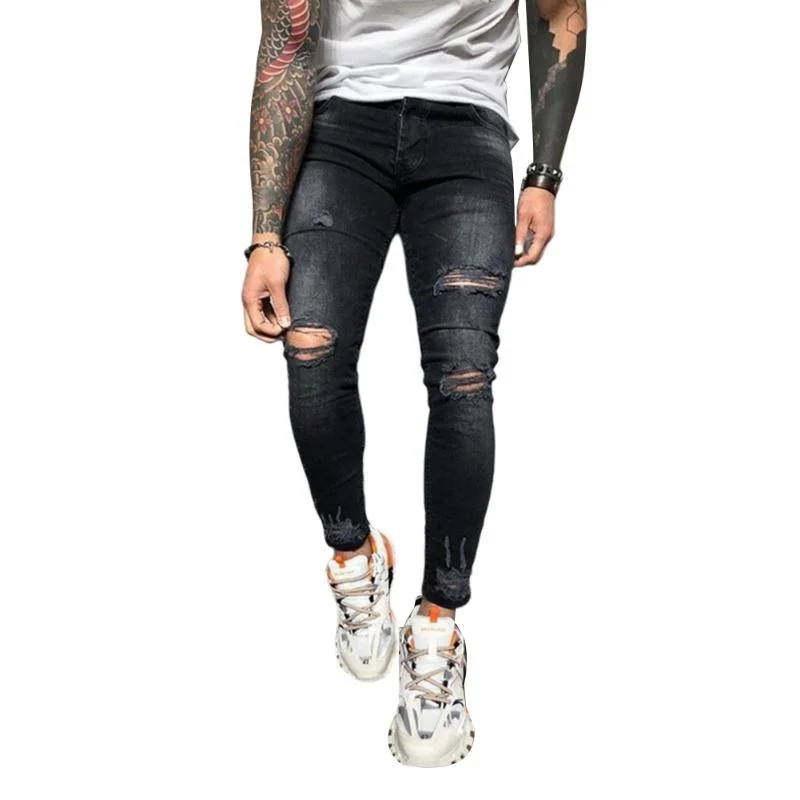 Men's Jeans Mens Solid Color 2022 Fashion Slim Pencil Pants Sexy Casual Hole Ripped Design Streetwear