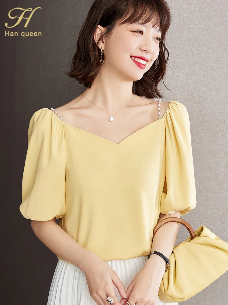 

H Han Queen 2023 Summer Shirt Womens Blouses Vintage Work Casual Tops Chiffon Blouse Elegant Korean Chic Loose Slash Neck Shirts