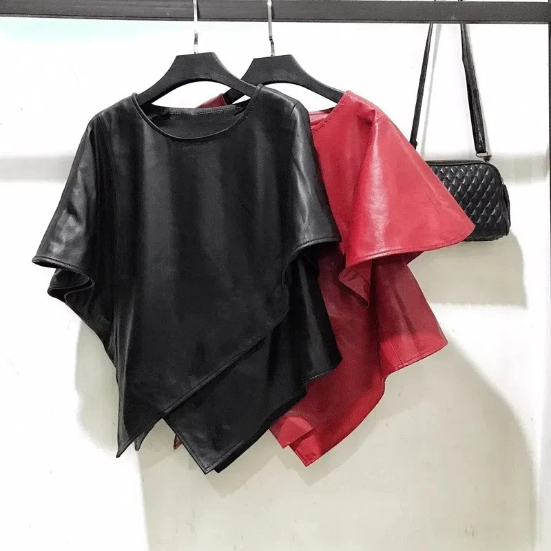 

Женское кожаное пальто с рукавом летучая мышь, свободная накидка черного, красного цветов, модные короткие топы в Корейском стиле с асимметричным подолом, новинка 2023