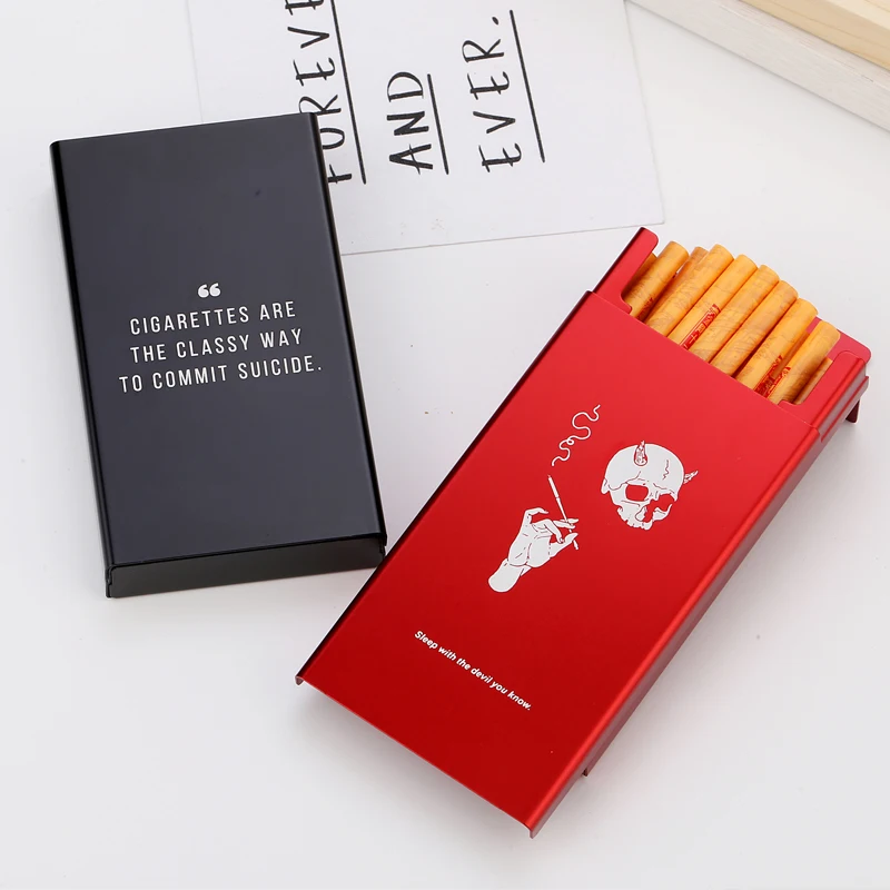 

Slim Lady's Cigarette Box Case For Women Creative Designs Skull Smoking Quotes Aluminum Alloy Metal Red Black Slide Personality
