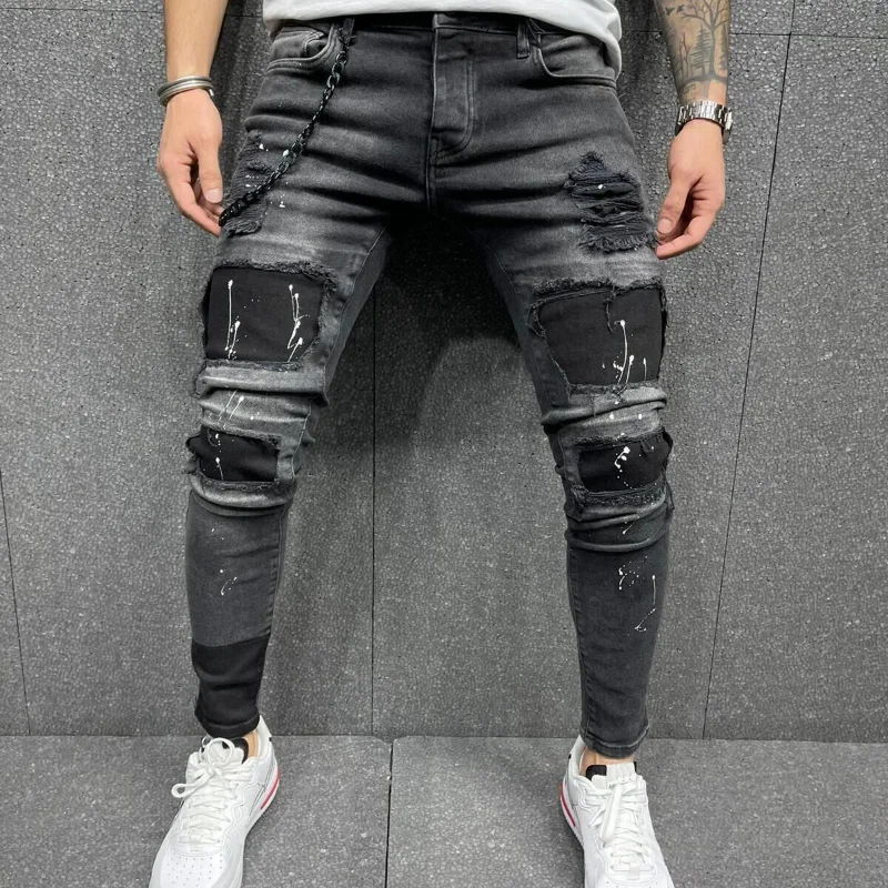 DEEPTOWN Ripped Distressed Jeans Men Hole Washed Denim Pants Skinny Casual Trousers Male Punk Streetwear Korean Fashion Black