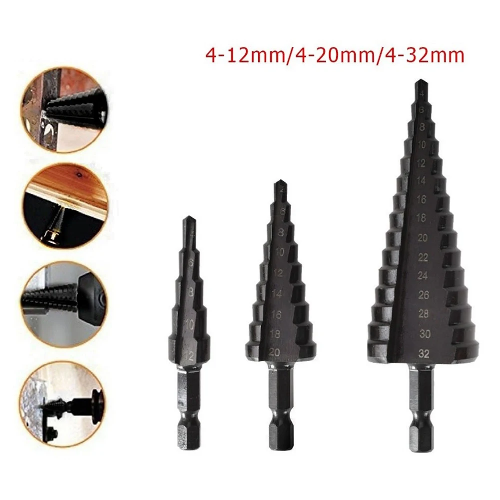 

3pcs 4-12/4-20/4-32mm Nitrogen Coated Straight Groove Step Drill Bit Hexagonal Handle HSS Wood Metal Hole Cutter Drilling Tool