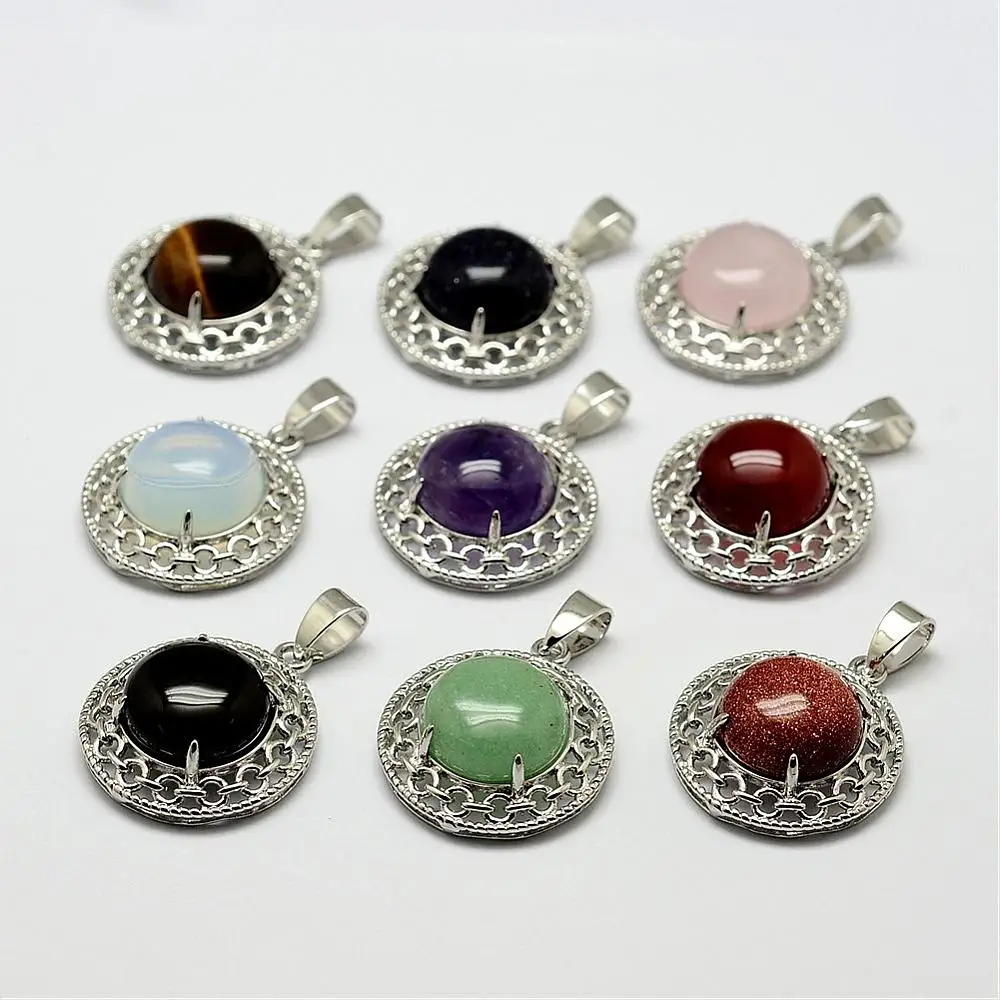 

Natural & Synthetic Gemstone Pendants, with Brass Findings, Half Round, Platinum, 28x24x9~10mm, Hole: 8x4mm