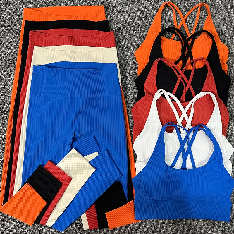 New Seamless Ribbed 2 Piece Sports Set Women Gym Sets Womens Outfits  Fitness Yoga Clothes Running High Waist Leggings Yoga Set