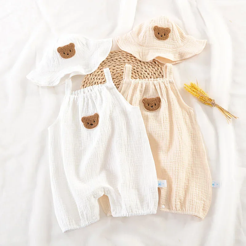 

New Summer Baby Clothes Set With Cap One Piece Infant Girl Boy Jumpsuit Toddler 2Pcs Cute Bear Sleevesless Romper Fisherman Hat