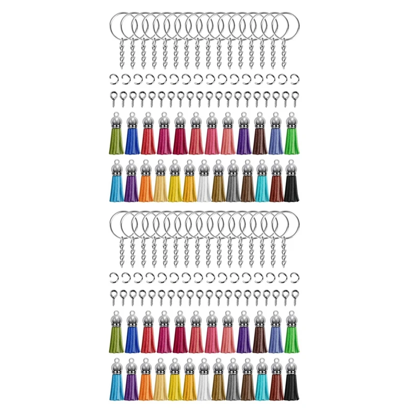 

Key Chains Set Comes with 100 PCS Leather Tassels,100 PCS Keychain Rings,100 PCS Jump Rings and 100 PCS Screw Eye Pins