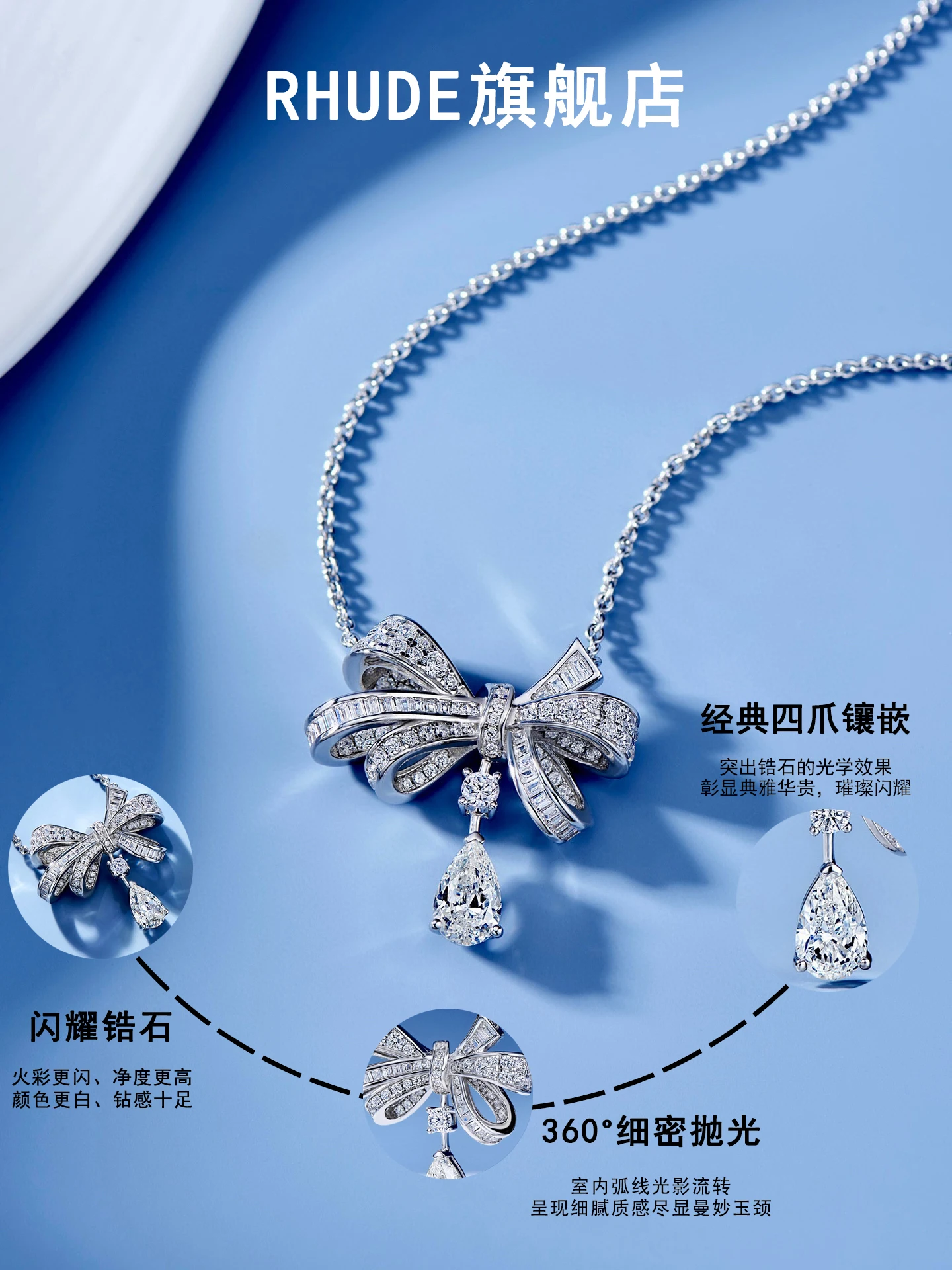 S925 Silver Full of Crystals Micro Inlaid Zircon Bow Water Drop Necklace Women Light Luxury Design Qixi Gift for Girlfr...
