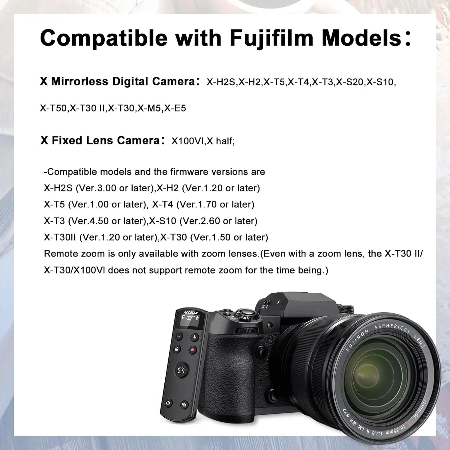 AODELAN беспроводной Bluetooth пульт дистанционного управления для Fujifilm Fuji X-M5 XT50 X100VI X-S20 X-T5 X-T4 X-T3 X-T30II X-T30 X-S10 X-H2S X-H2 (art.: 3920cde3d56cd) - 3920cde3d56cd