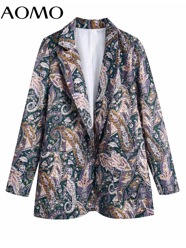 

AOMO Women 2022 Paisley Print Casual Blazer Coat Vintage Long Sleeve Pockets Female Outerwear BE105A
