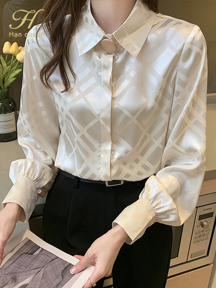 

H Han Queen Hot Sales Autumn Lantern sleeve Office Shirt Womens Blouses Vintage Work Casual Chiffon Blouse Loose Shirts Female