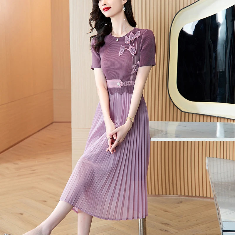 Платье миди женское Плиссированное с круглым вырезом коротким рукавом и