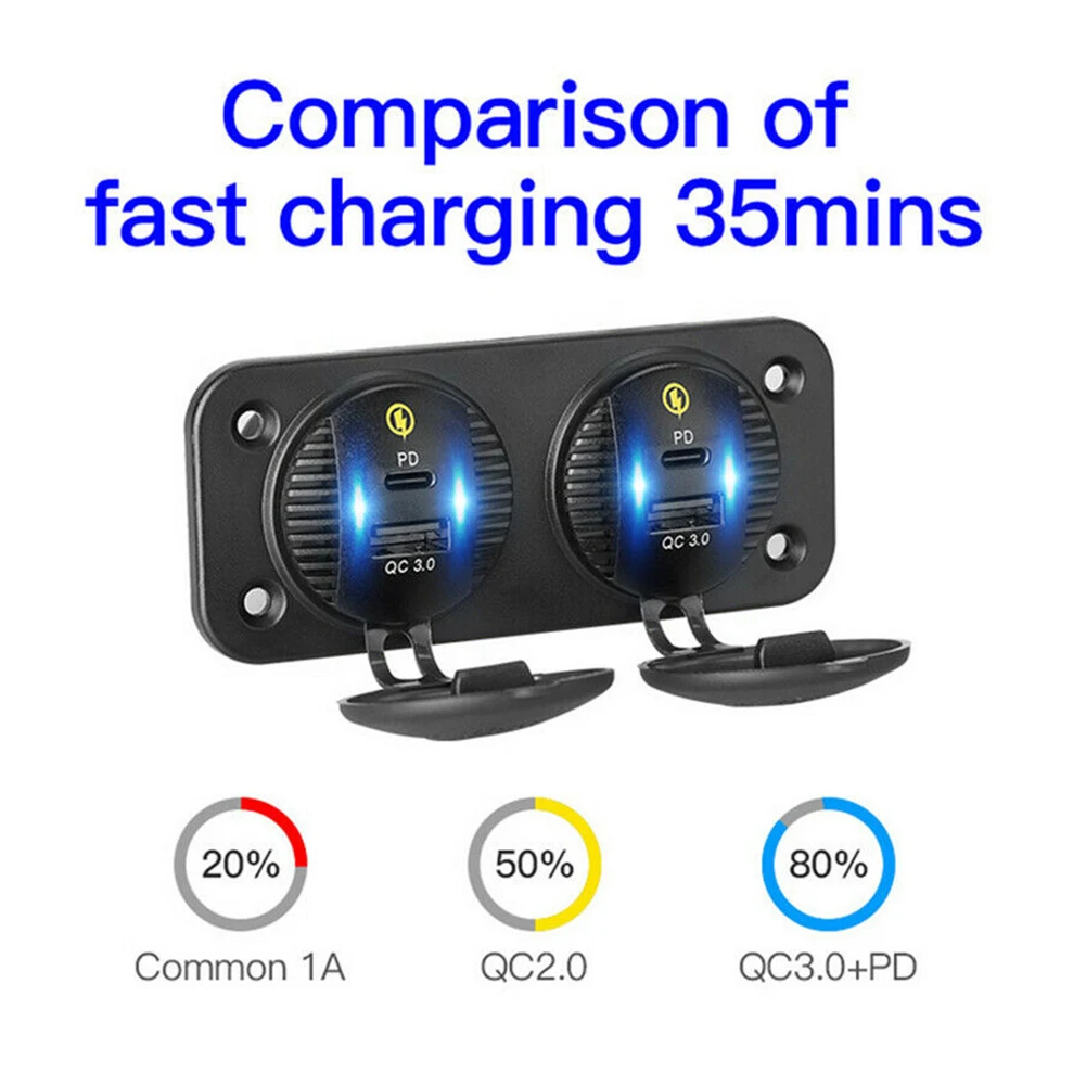 

100% High Quality QC 3.0 PD In-Car Charger Mobile Phone Charge Socket Panel Dual Type-c USB Ports Universal Fits For 12V -24V