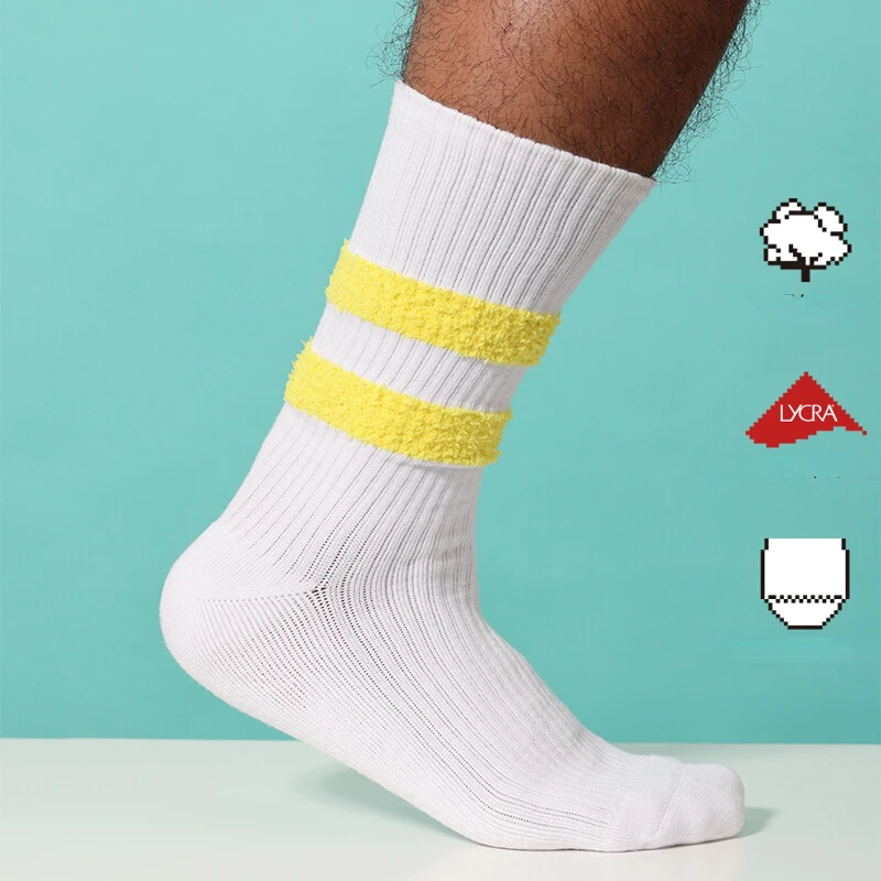 

SOX&CO. Original Yellow Fluff Stripe Lycra Towel Bottom Sports Men's White Socks Middle Tube