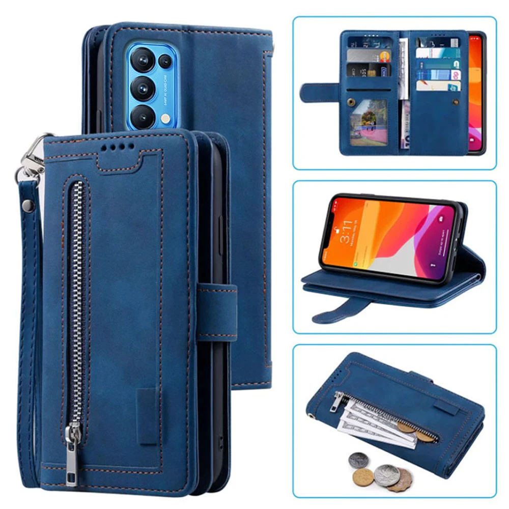 

9 Cards Wallet Case for Oppo Find X3 Lite Case Card Slot Zipper Flip Folio with Wrist Strap Carnival for OPPO Reno 5 5G Cover