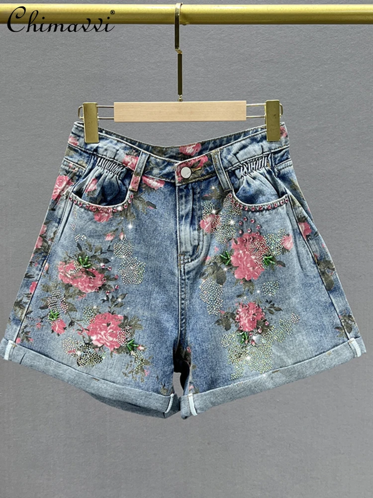 High Waisted Shorts Fashion Printed Denim Shorts for Women 2023 Summer New High Waist Loose Rhinestone Wide Leg Shorts Female