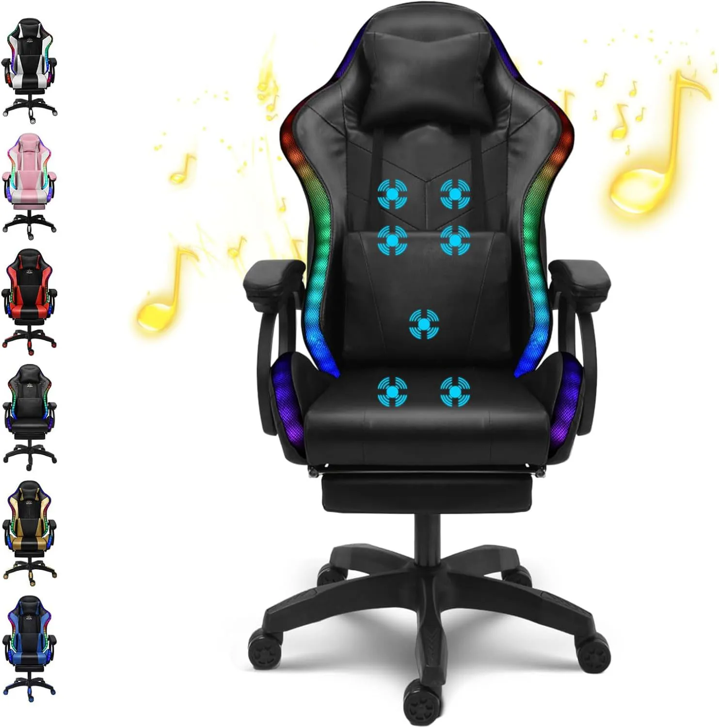 Фото Игровое кресло с динамиками и светодиодной подсветкой RGB. Эргономичное компьютерное игровое кресло с подставкой для ног. Кресло для музыкальных видеоигр. №1