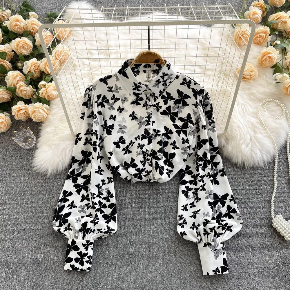 

Элегантная рубашка-поло во французском стиле, новинка 2022, просторная роскошная дизайнерская тонкая рубашка с пузырьковым рукавом и принтом в западном стиле