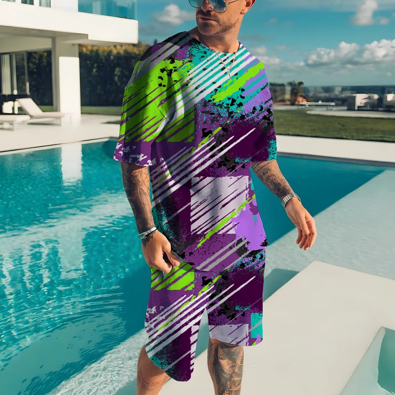 

2022 Men's Summer Short Sleeve T Shirt Set Colorful 3D Printing Fashion Crew Neck Beach Street 2 Piece Sportswear