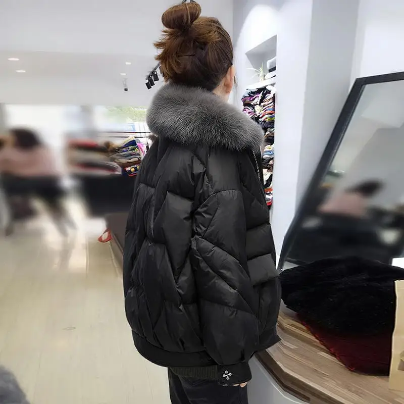 Cotton-padded Women's 2022 New Fashion Stand-up Collar Detachable Big Fur Collar Short Loose Down Cotton Coat
