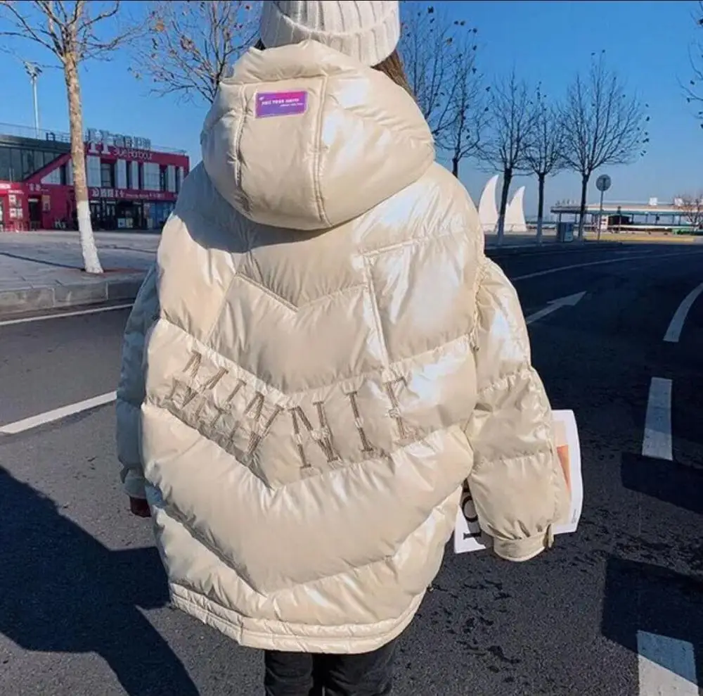 2022 Warm Winter Disposable Shiny Down Zip Jacket Women Embroidered Letters Loose Oversized Hooded White Duck Down Parkas Jacket