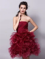 burgundy hot puffy cocktail party dresses 2022 strapless sleeveless short ruched tier prom birthday gown robe de soiree