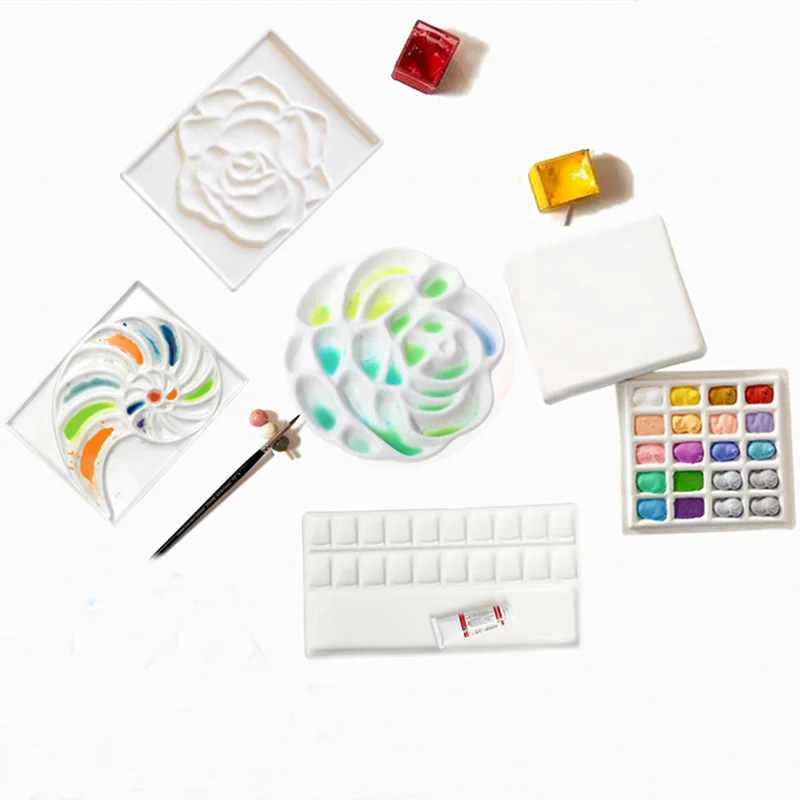 Ceramic Palette Rose/conch/wave/multiple Grid White Porcelain Easy To Clean Watercolor Paint Palette Painting Art Supplies