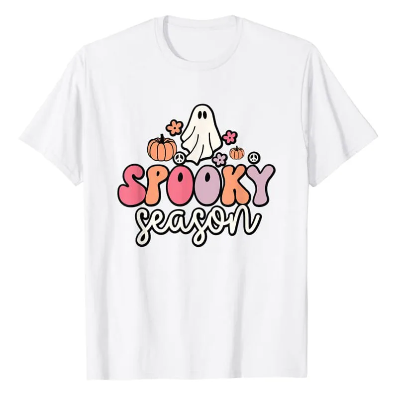 

Groovy Ghost T-Shirt Spooky Season with Pumpkins, Flowers, and Peace Signs Aesthetic Graphic Tee Tops Halloween Costume Gifts