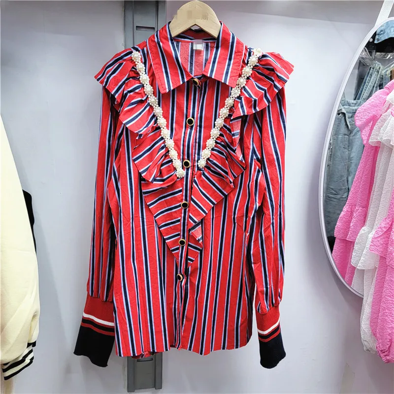 

SuperAen Color Matching Striped Ruffled Shirt 2022 Spring Fashion Retro Fake Two-piece Womens Tops