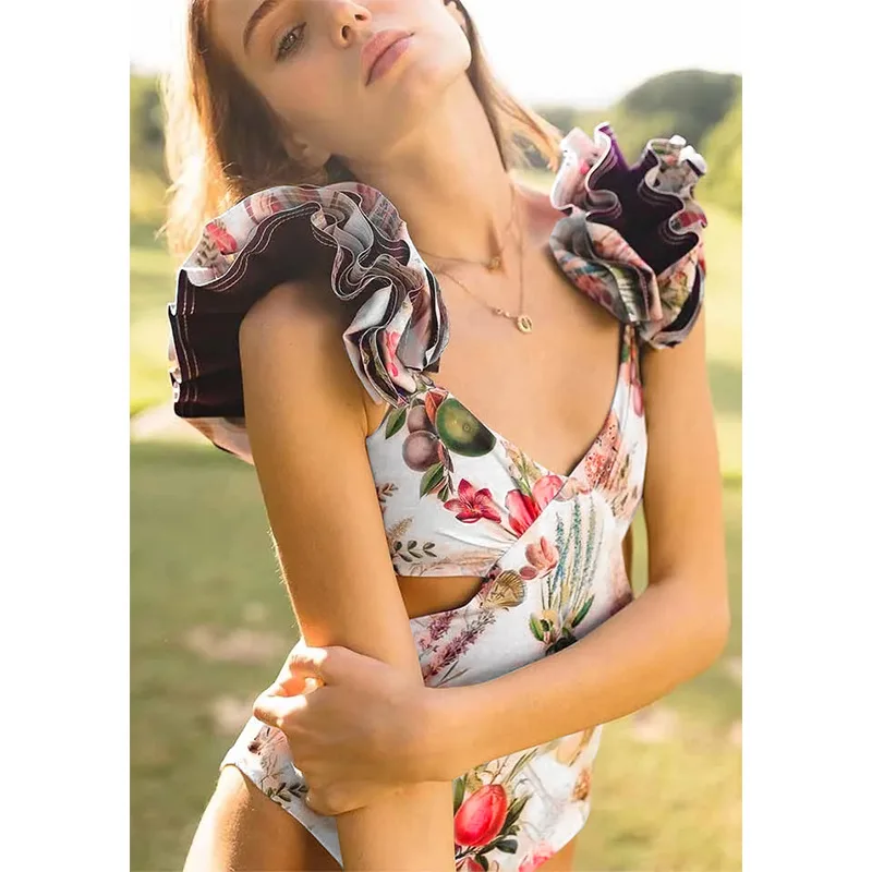 

XUAN PhD Swimsuit Integrated Flower Flounce for Woman Openwork Sexy New One-piece Swimsuit Female Deep V Backless Flounce Strap